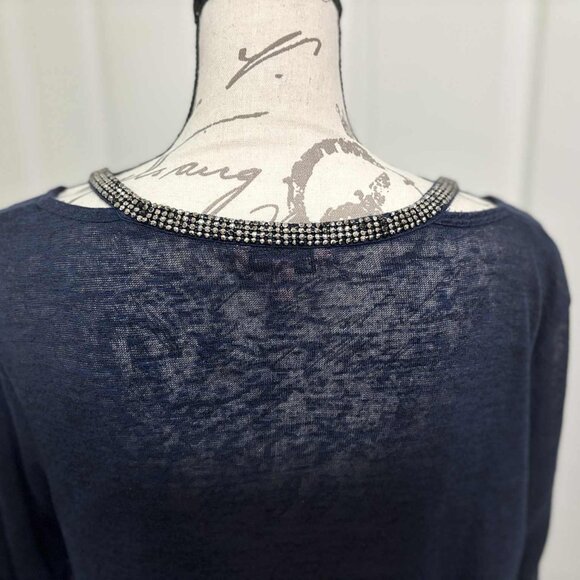 Women's Navy Blue Cold Shoulder QTR-Sleeve Knit Top with Gems around the V-Neck - Picture 6 of 7